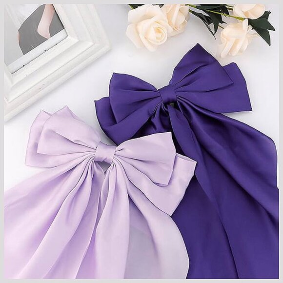 Silky Satin Purple Hair Bows 2 Pcs Big Hair Bows for Women Lavender & Purple - Picture 7 of 7
